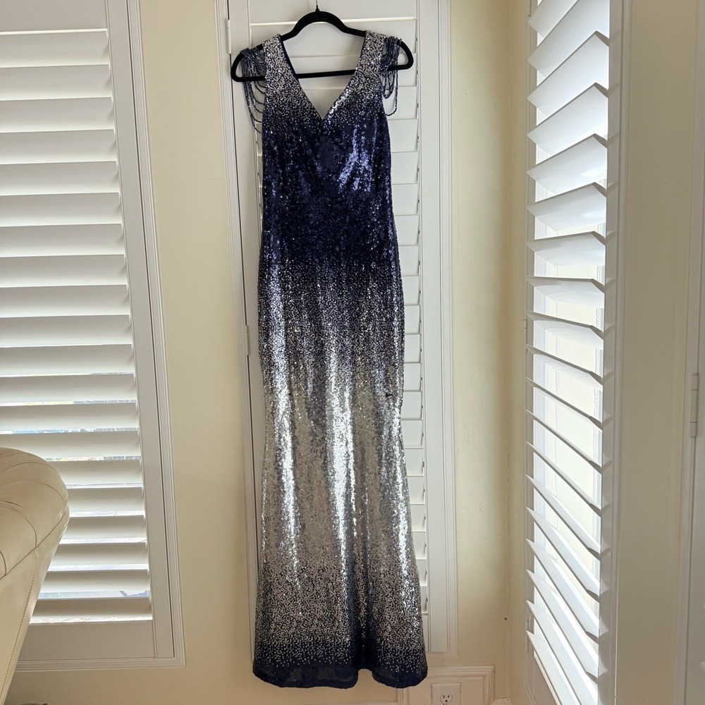 Navy to Silver Ombre Sequin V-Neck Evening Gown